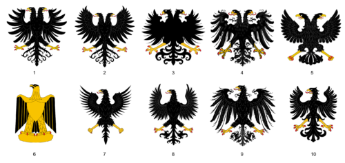 Five depictions of heraldic black eagles.